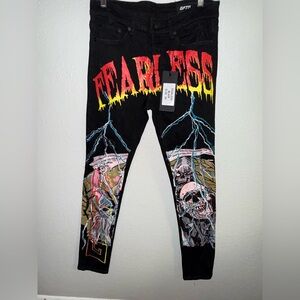 GFTD LA Fearless Black Graphic Men Jeans SZ 34, Fearless, Flames, Chain Art, NWT